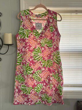 Barbara Gerwit Floral Pink and Green Turtle Midi Dress sz Large